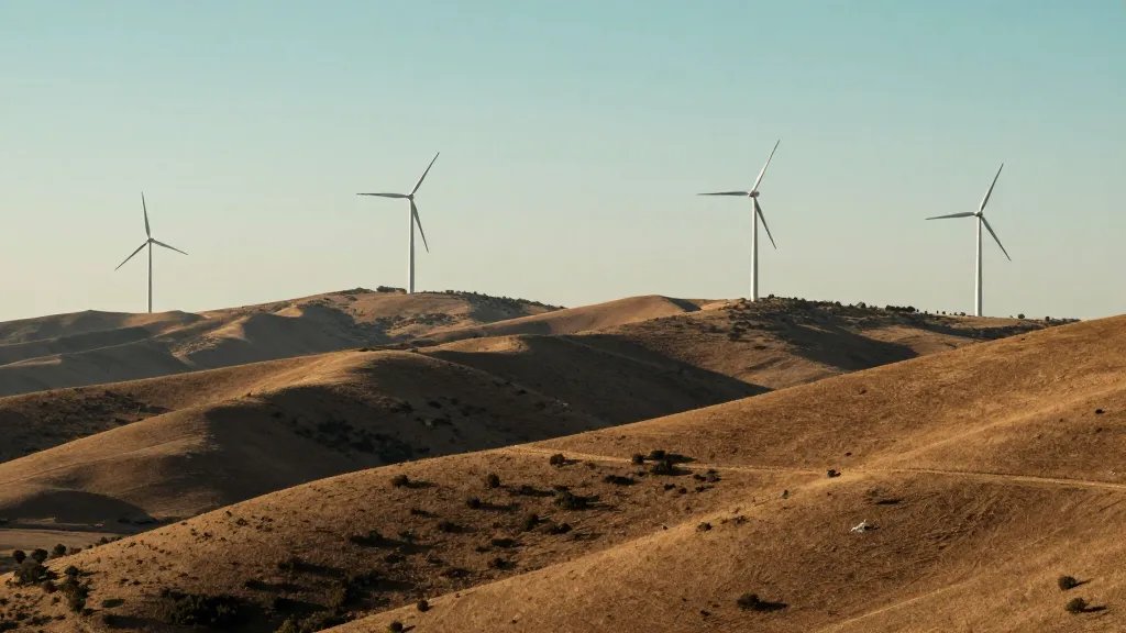 Distant landscape of a sunlit hillside with EPC-style green energy wind turbines on horizon