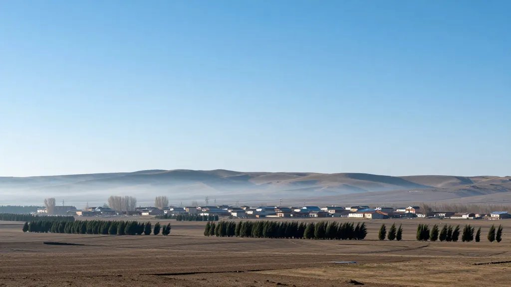 Remote countryside plateau with distant misty village and windbreaks under clear blue sky