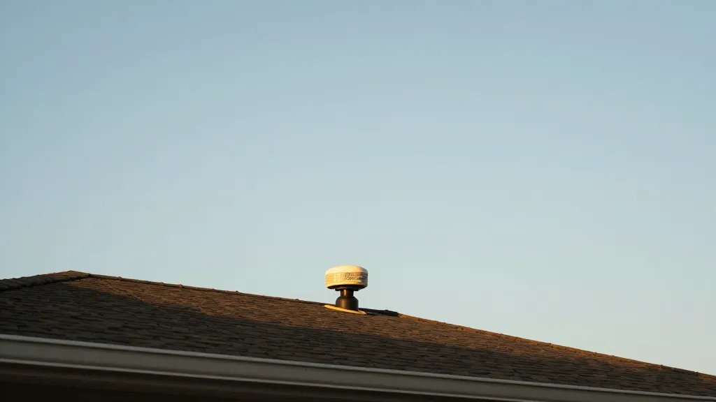 Wide-angle shot of a single house at golden hour, prominent smoke alarm mast on roof against clear sky