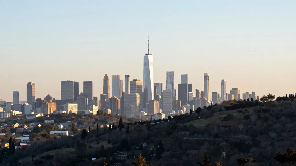 Distant view of a sunlit city skyline from a tranquil hillside