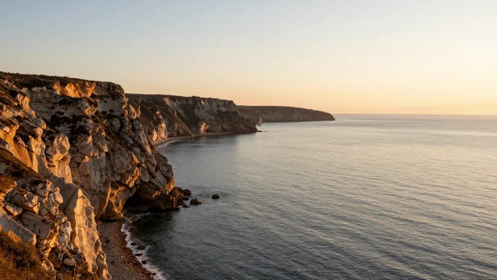 Expansive coastline cliff at golden hour with calm sea