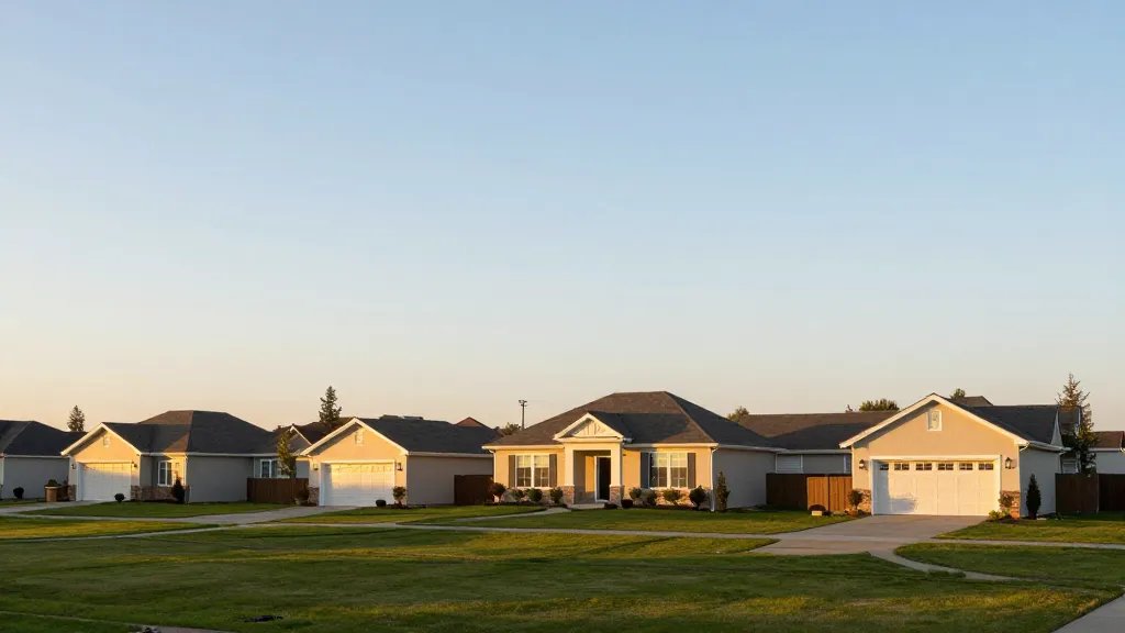 Distant landscape of pristine suburban house exterior at golden hour