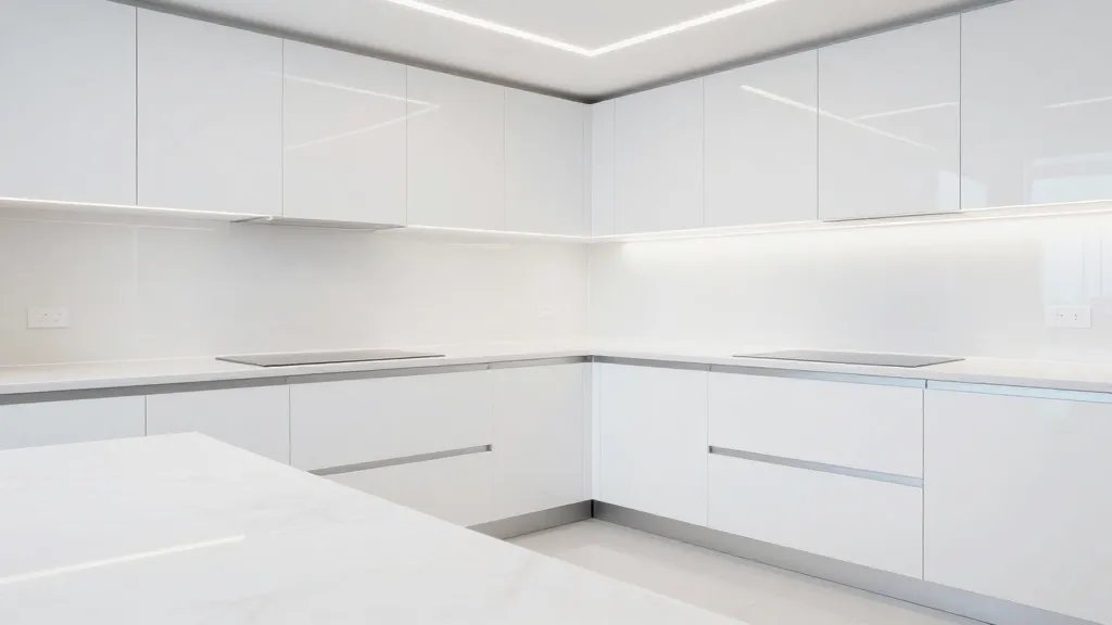 Wide view of clean, empty kitchen with bright countertops reflected light