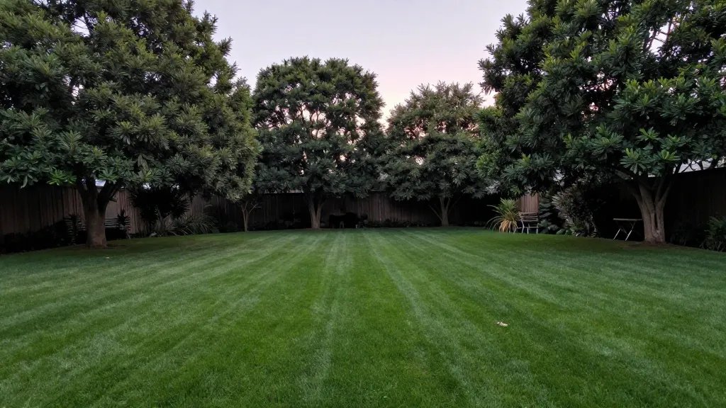 Expansive backyard lawn with manicured trees and soft evening light