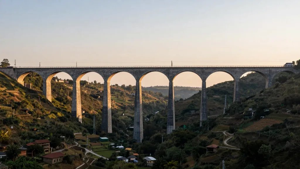 Panoramic shot of a railway viaduct over a valley at golden hour
