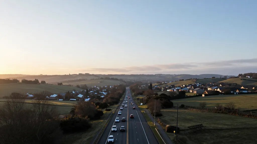 Wide-angle horizon of a busy arterial road cutting through rolling suburban hills at dawn