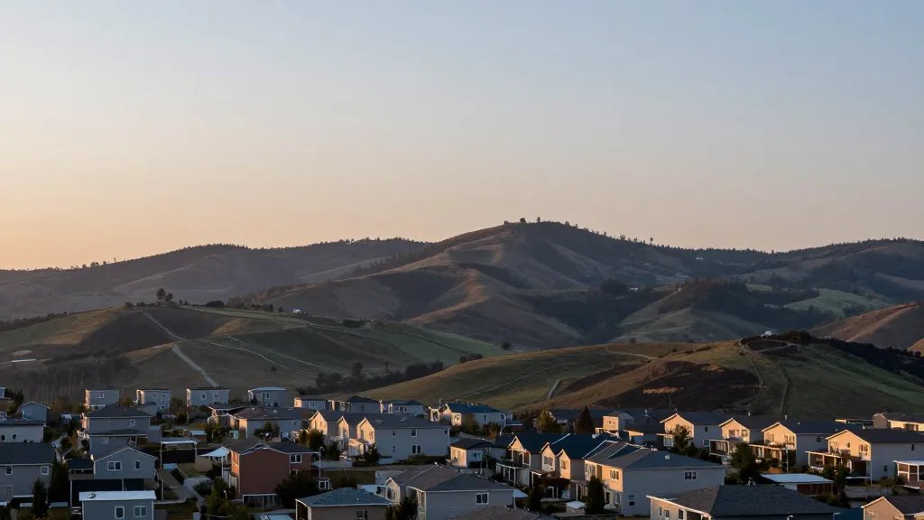 distant landscape of a renovated fixer-upper hillside neighborhood at dawn