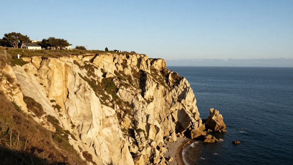 distant view of a sunlit coastal cliff overlooking a potential renovation market
