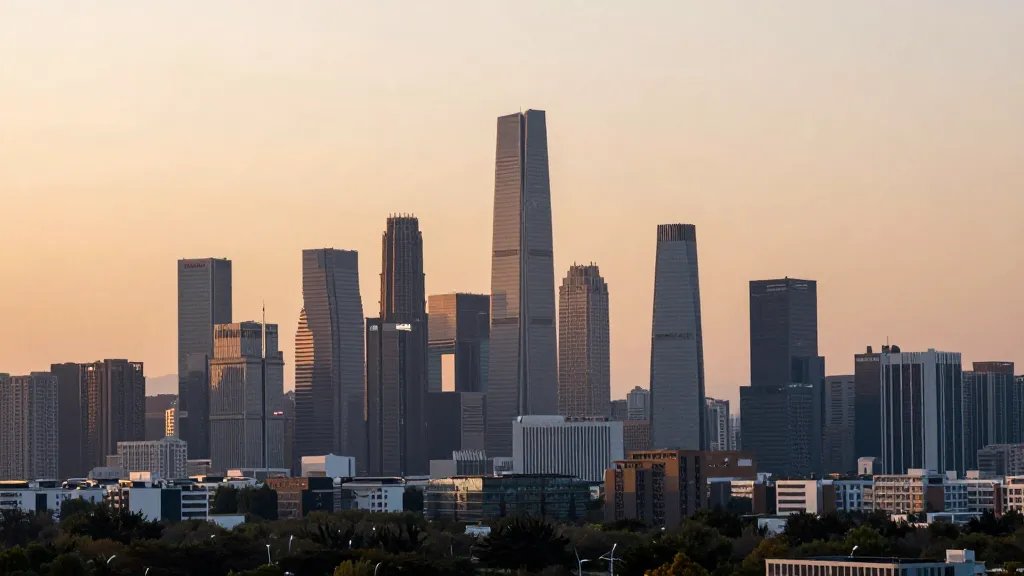 distant landscape of a modern office district at golden hour