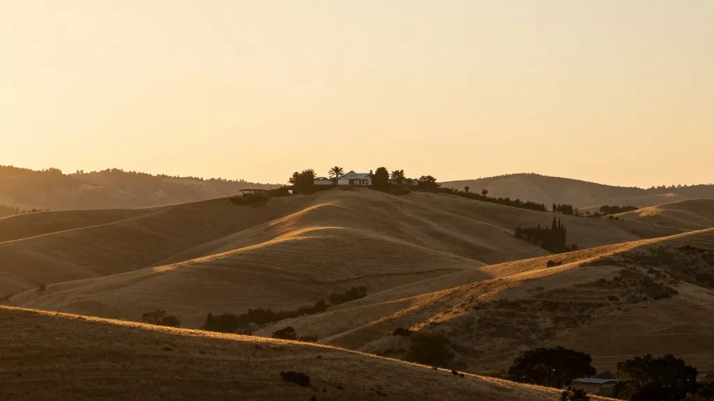 Distant hillside property auction site at golden hour