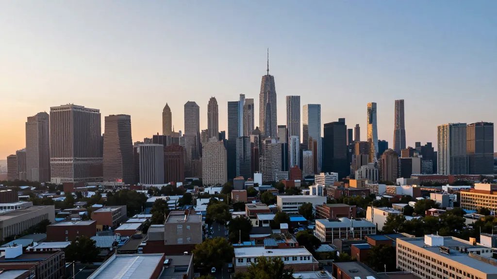 Expansive city skyline over auction district at dawn