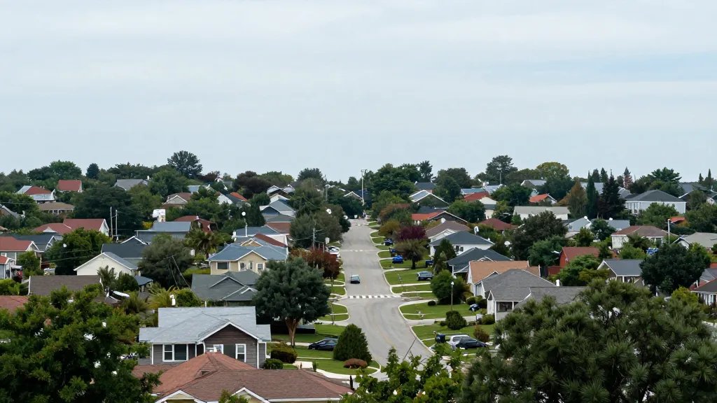 Quiet suburban neighborhood from a distant ridge above auction street