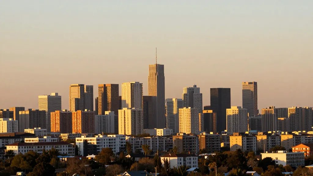 Distant view of a sunlit new-build neighborhood skyline at golden hour