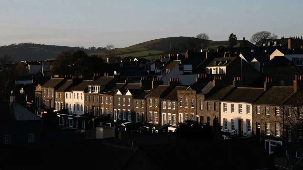 Expansive overlook of an old-town row houses silhouette against hills