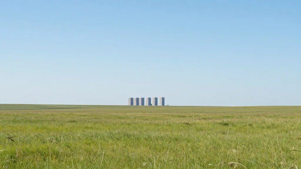 Vast prairie with modern high-rise distant in horizon under clear sky