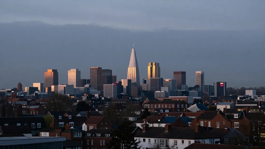 Distant view of Reading commuter town skyline at dusk