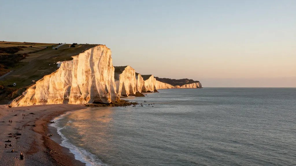 Expansive coastline near Brighton cliffs under sunset light