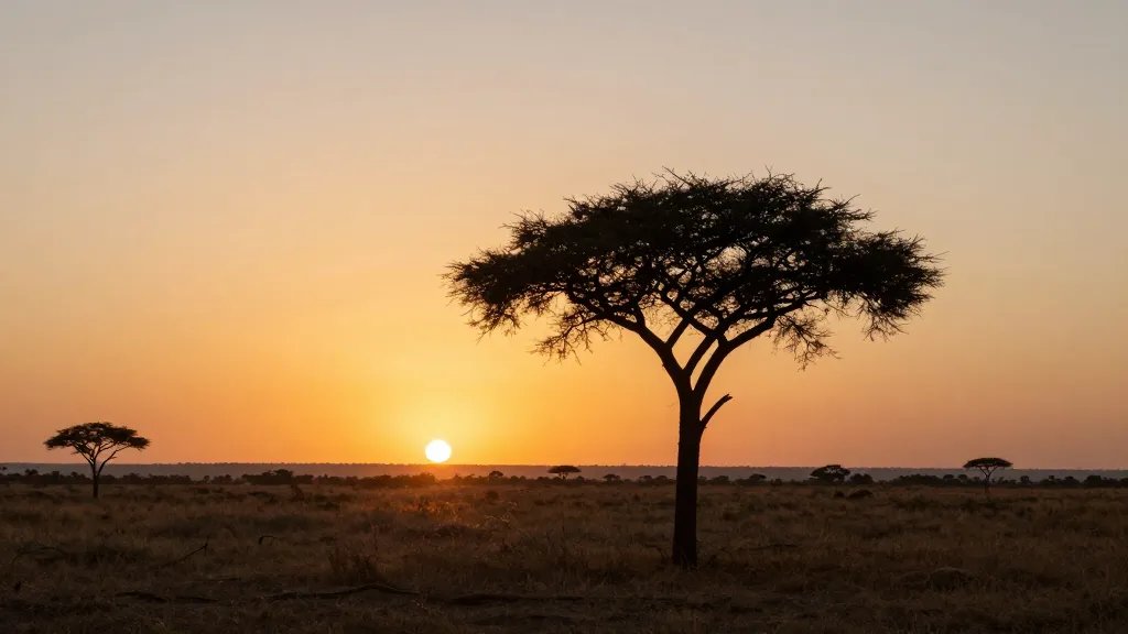 Wide savanna horizon with lone acacia silhouette at sunset