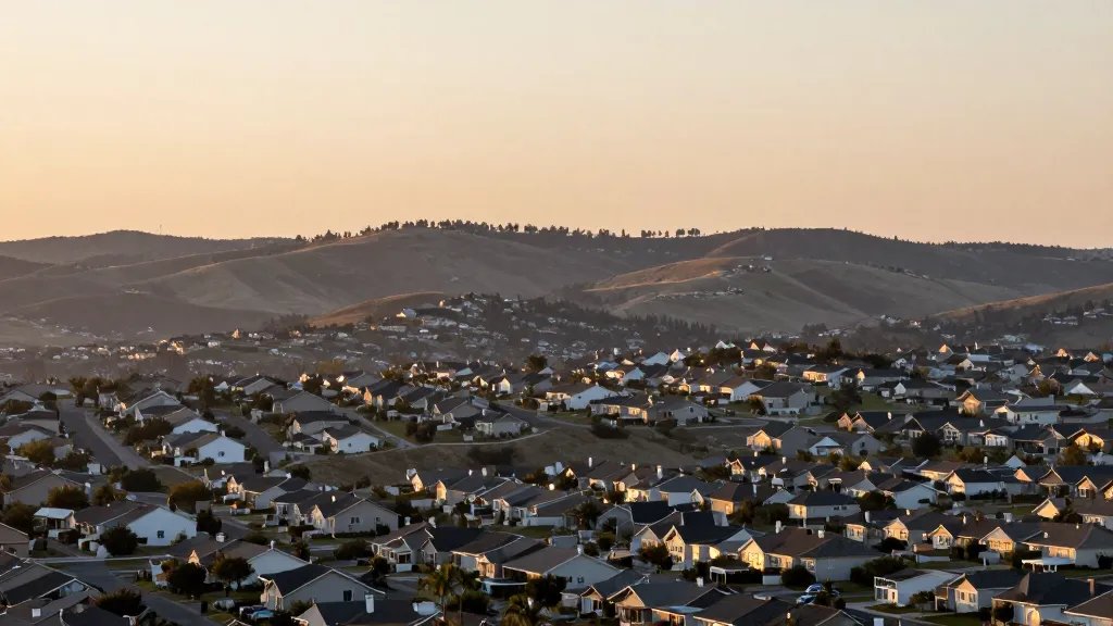 Distant hillside view of a growing suburban neighborhood at dawn