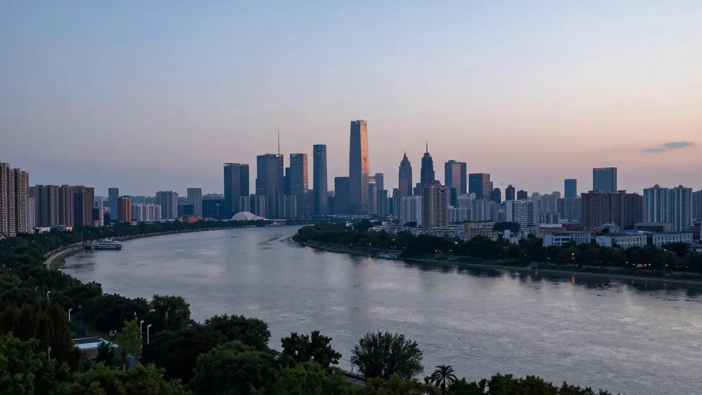 Expansive urban-perimeter skyline over a quiet river valley at dusk