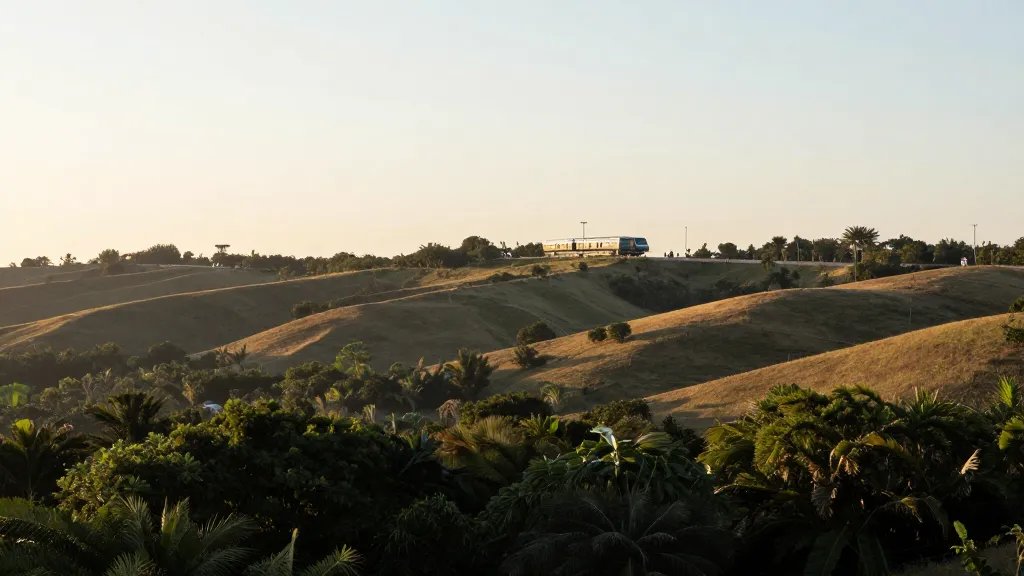 Wide-angle view of a lightly wooded roll of hills near a transit hub at golden hour