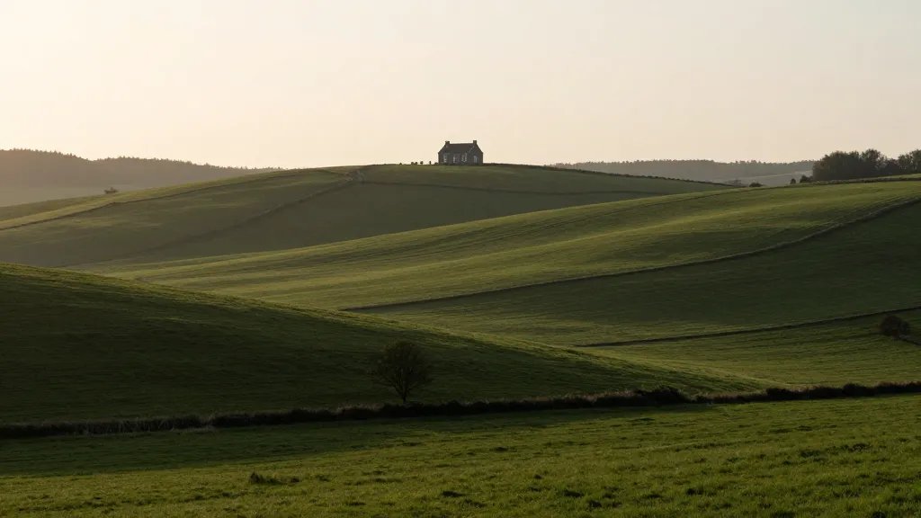 Distant view of rolling countryside with a lone gray townhouse silhouette on hills