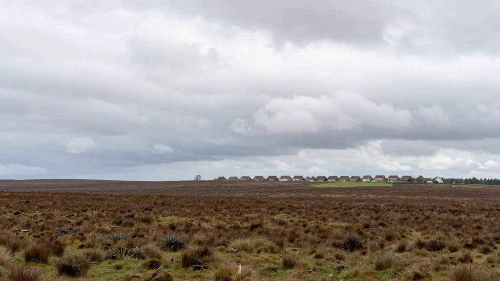 Expansive moorland under cloudy sky, distant row of buy-to-let homes on horizon