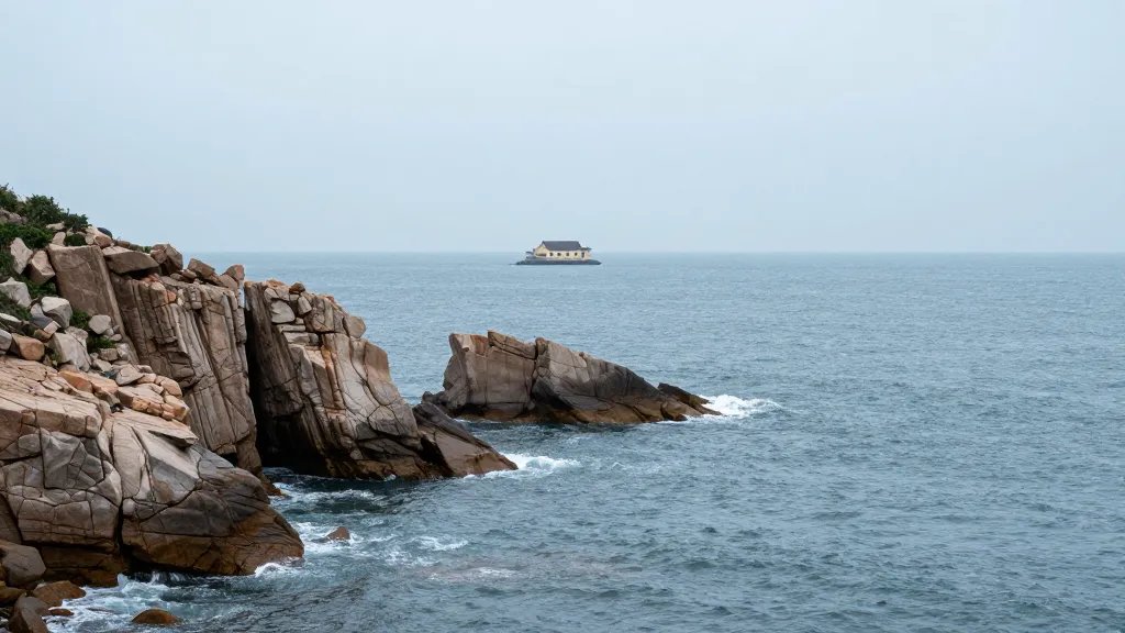 Open coastline cliffs and sea, far-off single stone property perched above water