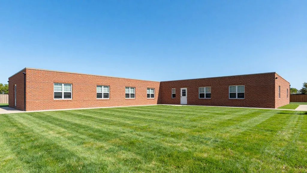 Wide-angle distant shot of a brick rental with manicured lawn and blue sky