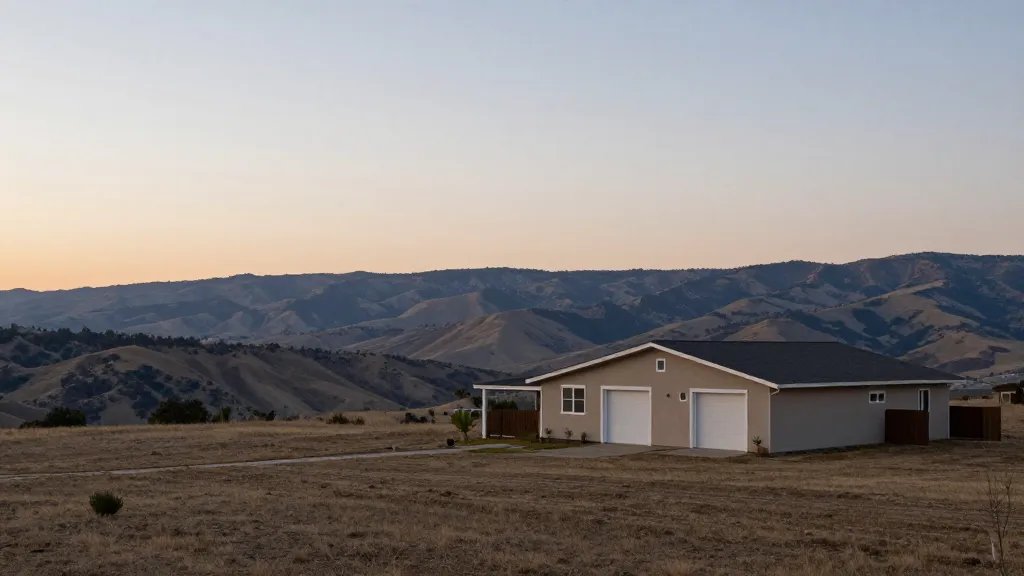 Expansive horizon featuring a single-story rental with valley backdrop and soft sunset light