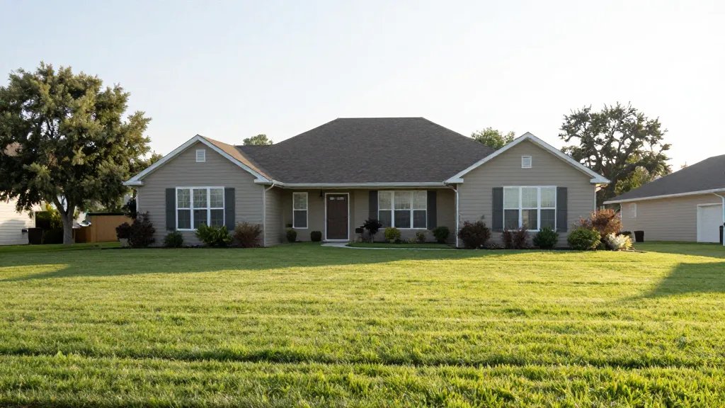 Distant view of a single suburban house with a well-kept lawn, early morning light