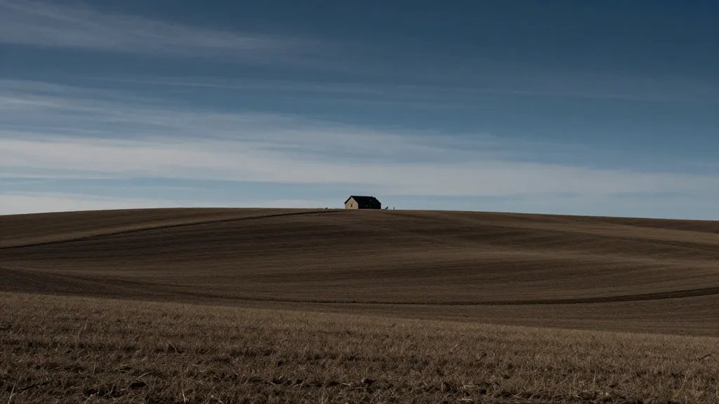 Distant landscape of rolling farmland under dramatic sky, remote rental property silhouette