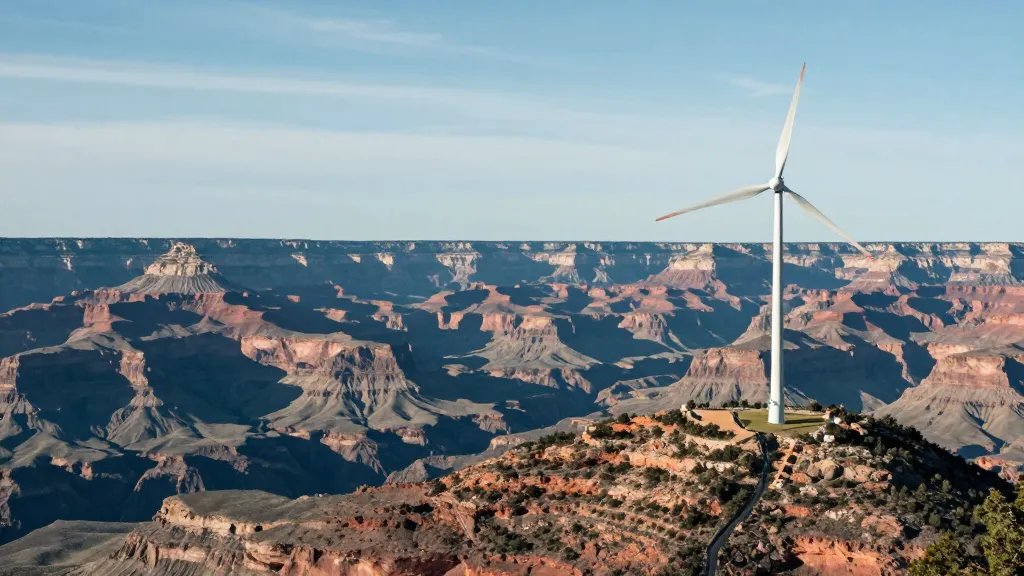 Wide canyon view with lone hillside wind turbine, distant and serene