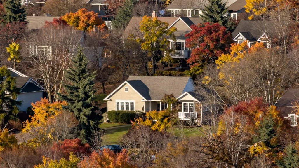 Distant view of a suburban rental house under autumn trees