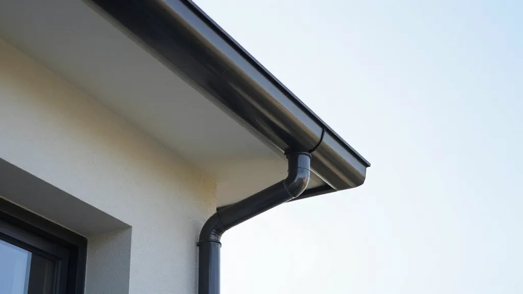 Wide shot of a modern rental home's rain gutter downspout reflection