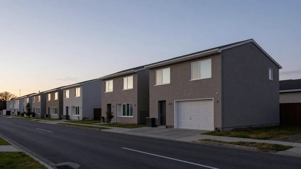Expansive landscape of a quiet street with a rental property at dusk