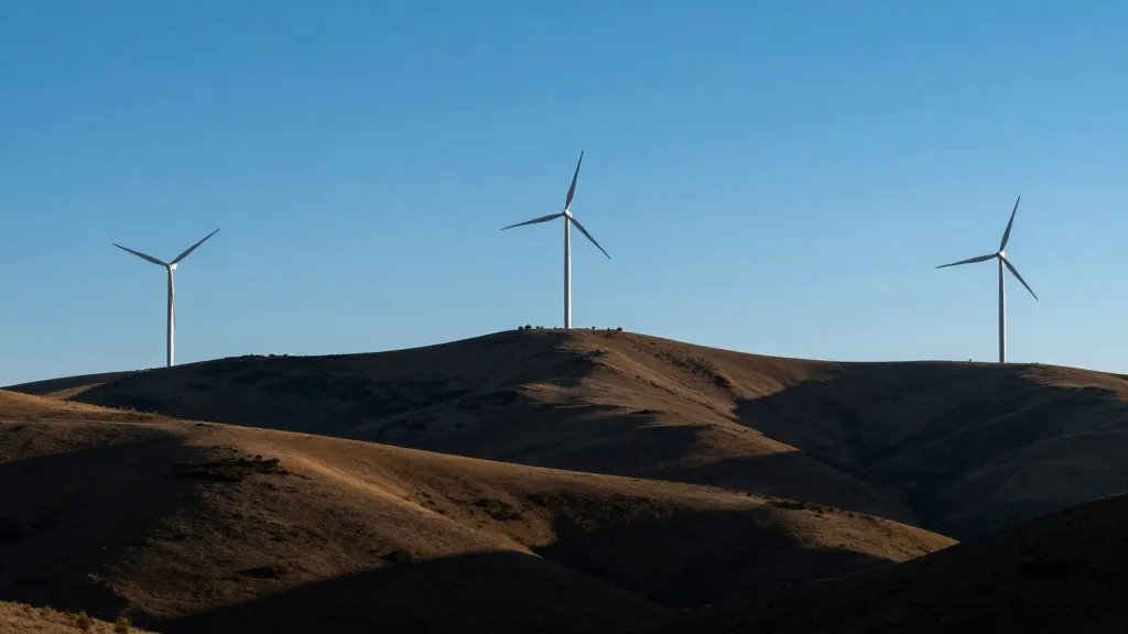 Distant hillside wind farm under clear blue sky, dramatic light