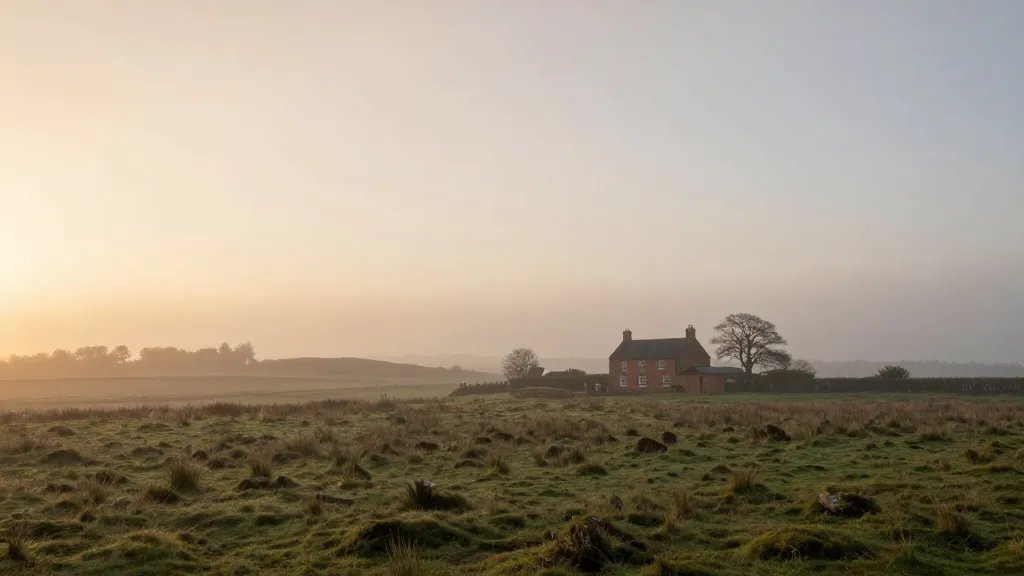 Wide moorland with lone brick farmhouse, soft sunset glow, mist