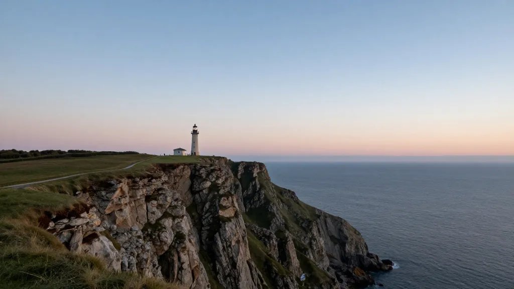 Expansive coast cliff view, solitary lighthouse against horizon at dawn