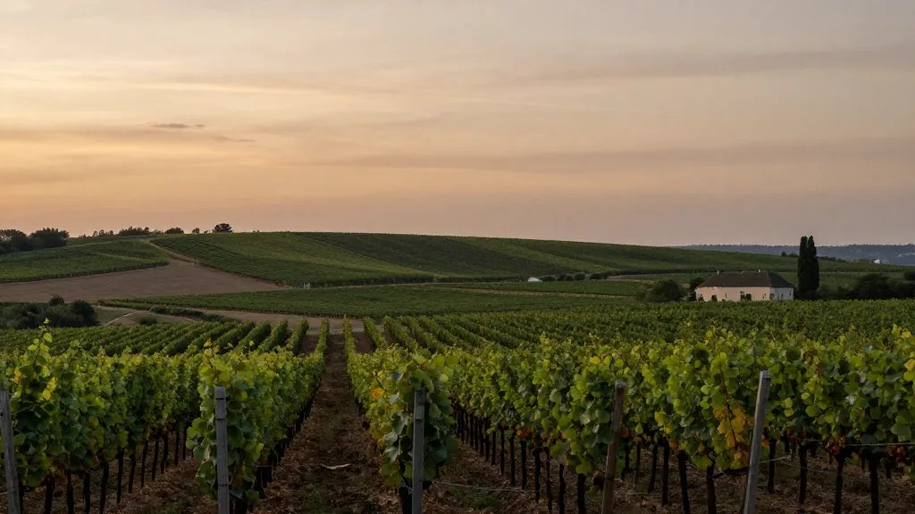 distant landscape of a quiet rural estate vineyard at dusk