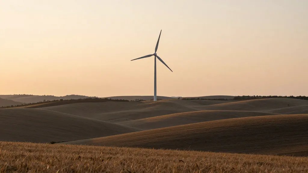 distant landscape of rolling countryside with a solitary wind turbine at dawn