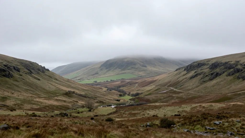 Expansive valley with distant foothills and fog