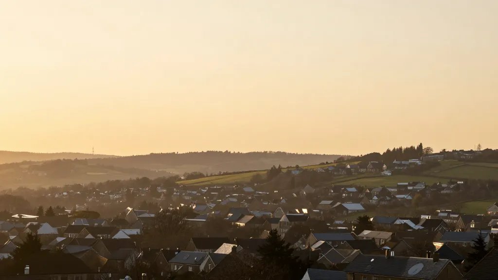 Distant hillside townscape at golden hour, buy-to-let theme implied, soft-focus horizon