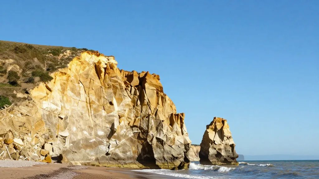 Expansive coastline cliffs under clear blue sky, solitary landform symbolizing investment planning