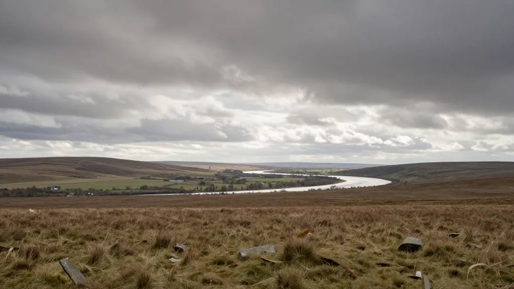 Wide moorland plateau with distant river bend, muted tones and dramatic sky suggesting strategy and balance