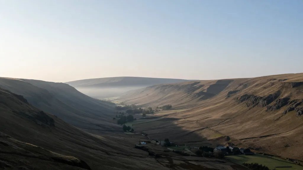 Wide valley landscape with distant, misty foothills at dawn