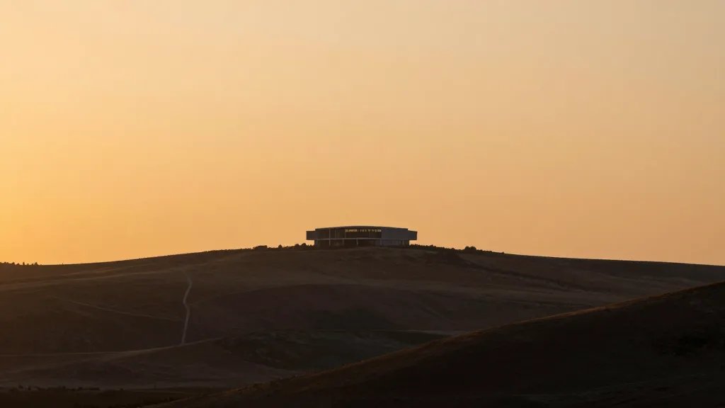 Distant hillside with a lone, modern flat building under sunset skies