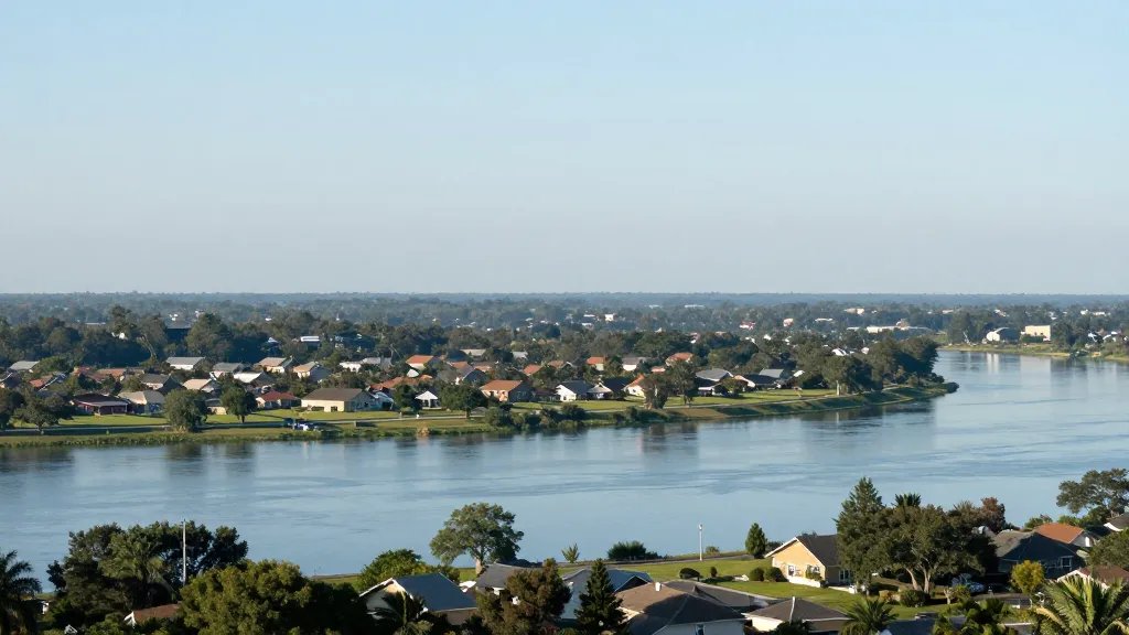 Distant landscape of a calm suburban rivercape near a school district