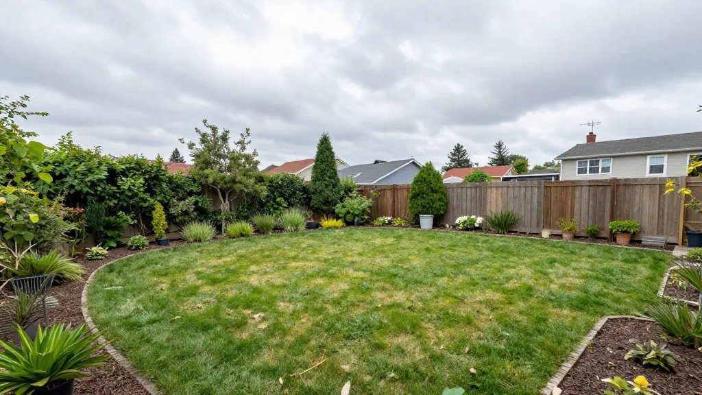 Wide-angle shot of a spotless, low-maintenance garden overlooking a neighborhood hub