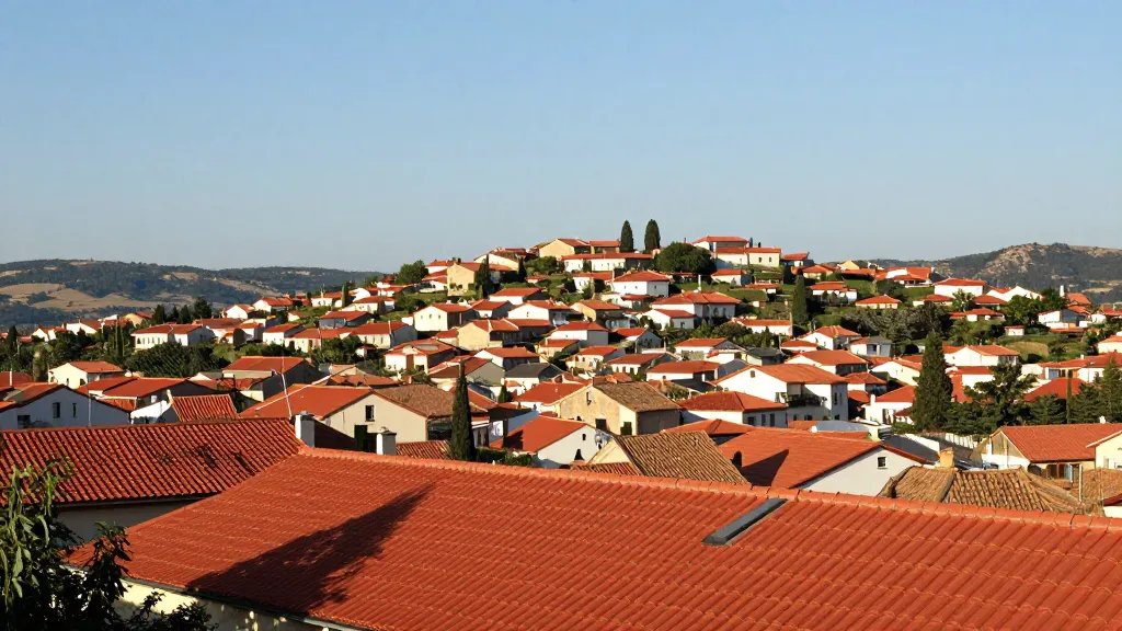 distant landscape of a sunlit hillside town with red-tiled roofs